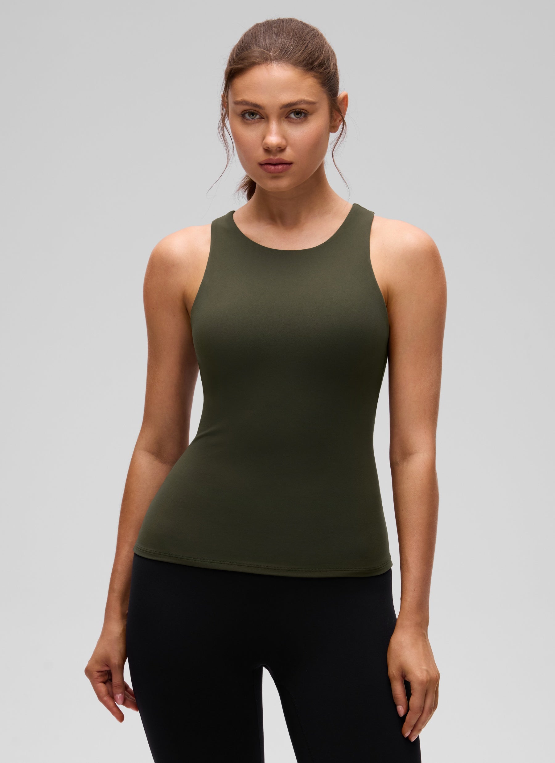 CRZ YOGA Women's Butterluxe Built-in Bra High Neck Racerback Tank Olive Green