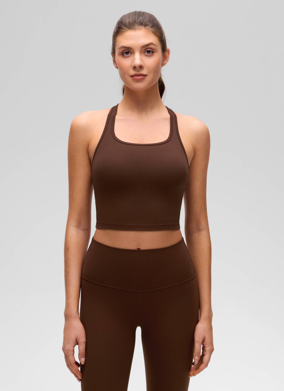 CRZ YOGA Women's Yoga Low support Butterluxe Scoop Neck Bra Y-Back Lava Brown @model_info:Gelya