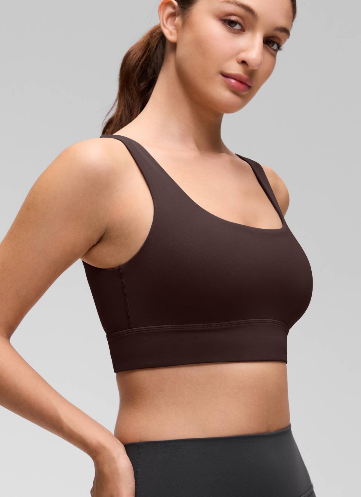 CRZ YOGA Women's Yoga Low Support Butterluxe Sport Bra U Back Longline Hot Fudge Brown @model_info:Inga