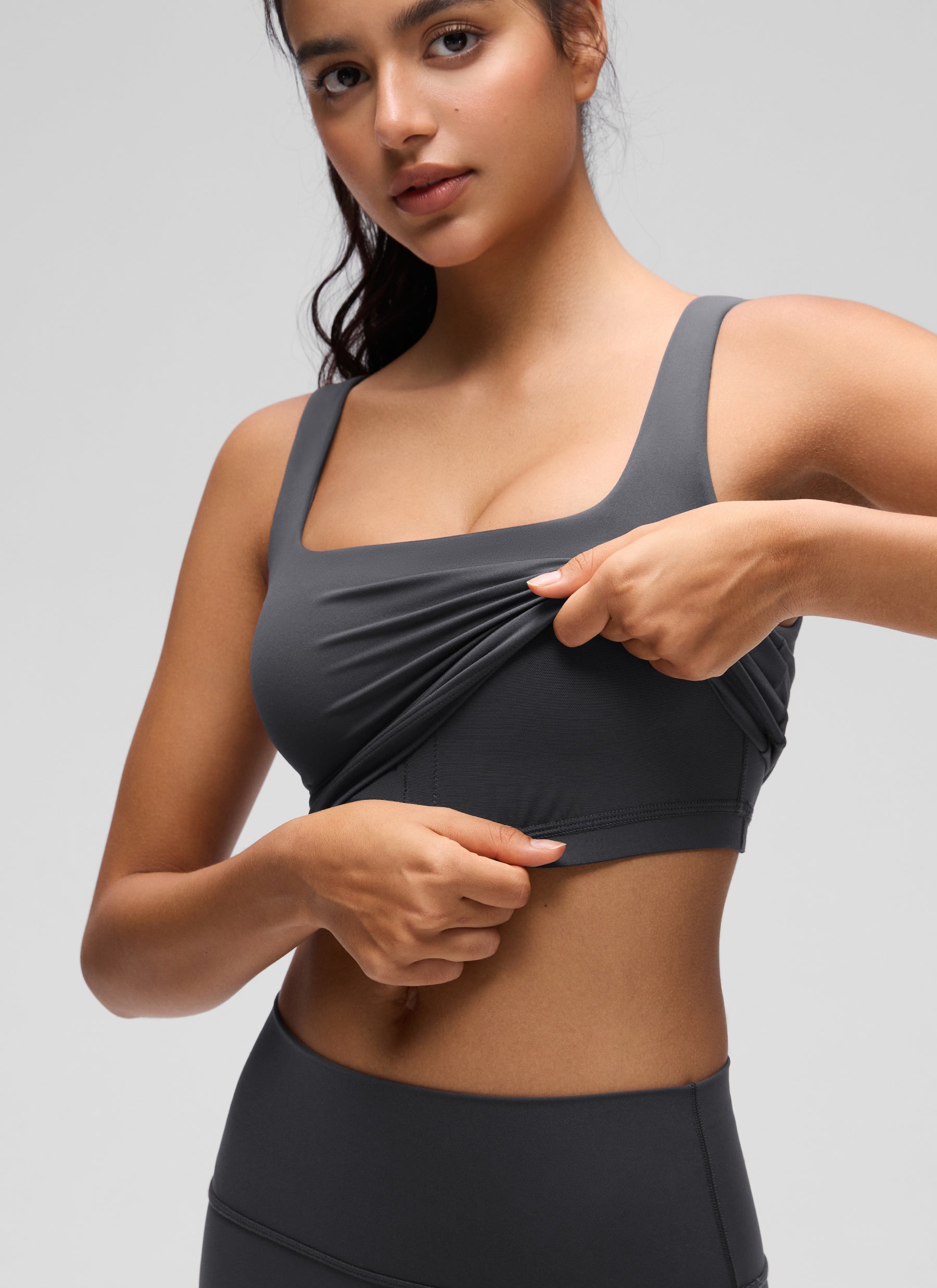 CRZ YOGA Women's Yoga Low Impact Butterluxe Longline Bra Square Neck Mysterious Grey
