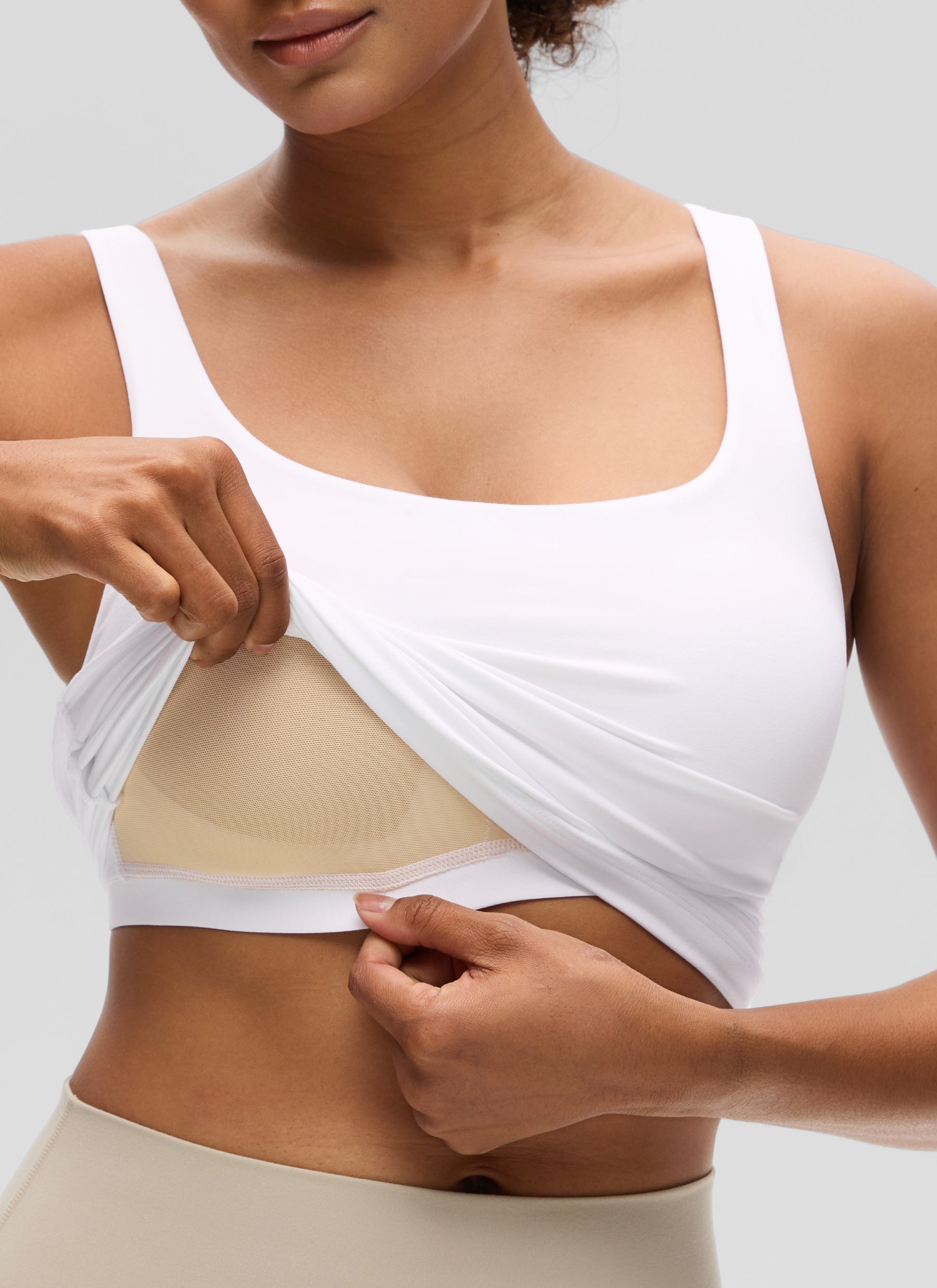 CRZ YOGA Women's SlimFit Tops Butterluxe Built-in Bra U Neck Tanks White @model_info:Barbara