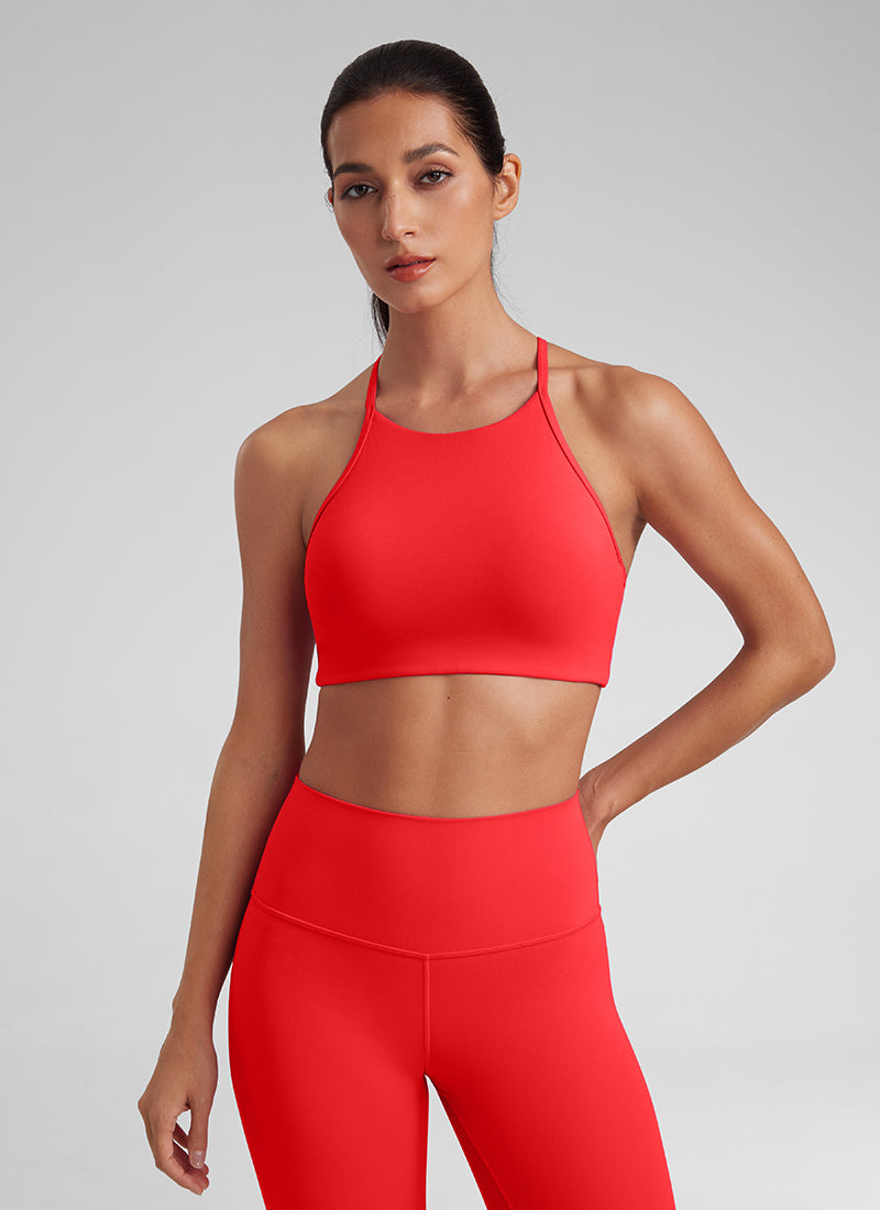 CRZ YOGA Butterluxe Womens High Neck Y Racerback Sports Bra Thin Strap Deep Red