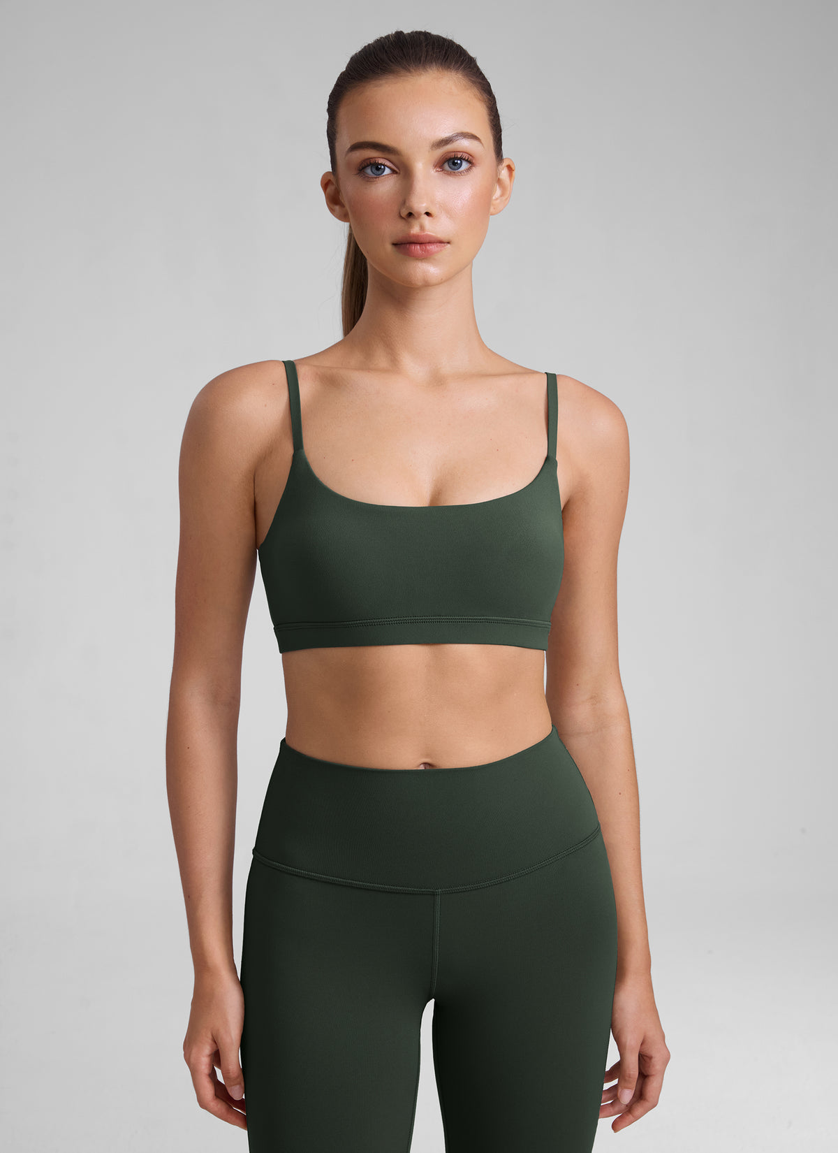 CRZ YOGA Womens Butterluxe Adjustable Spaghetti Strap Scoop Neck Bra Legend Green @model_info:Kate