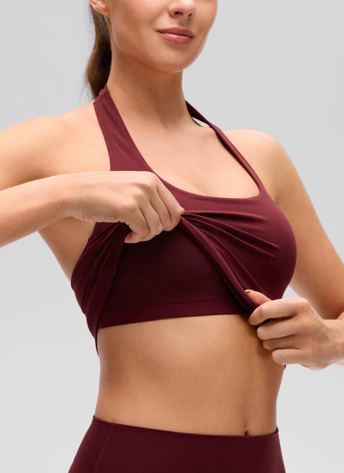 CRZ YOGA Womens Butterluxe Halter Longline Sports Bra Crop Tank Tops Red Merlot @model_info:Gelya