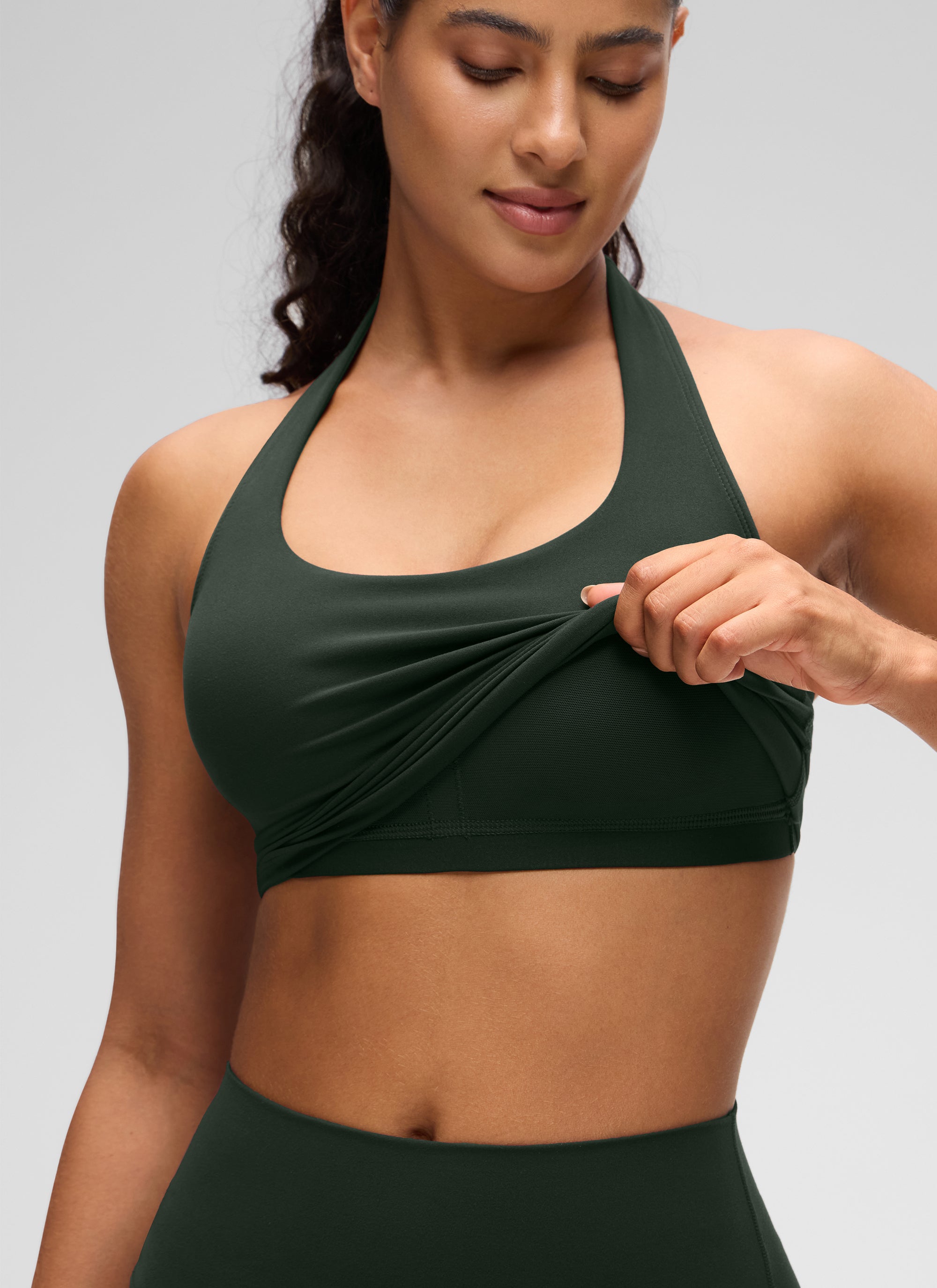 CRZ YOGA Womens Butterluxe Halter Longline Sports Bra Crop Tank Tops Legend Green @model_info:Carol