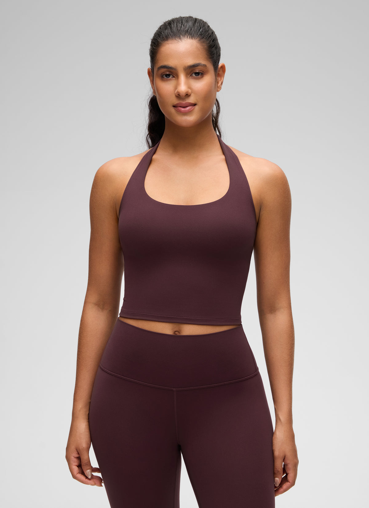 CRZ YOGA Womens Butterluxe Halter Longline Sports Bra Crop Tank Tops Ripe Plum @model_info:Carol