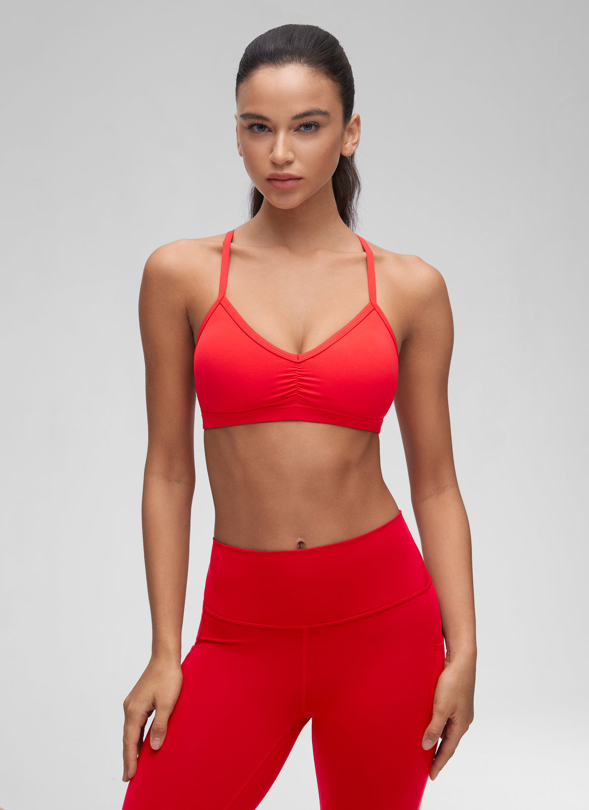 CRZ YOGA Butterluxe Womens Ruched V Neck Yoga Padded Sports Bra Deep Red @model_info:Winma