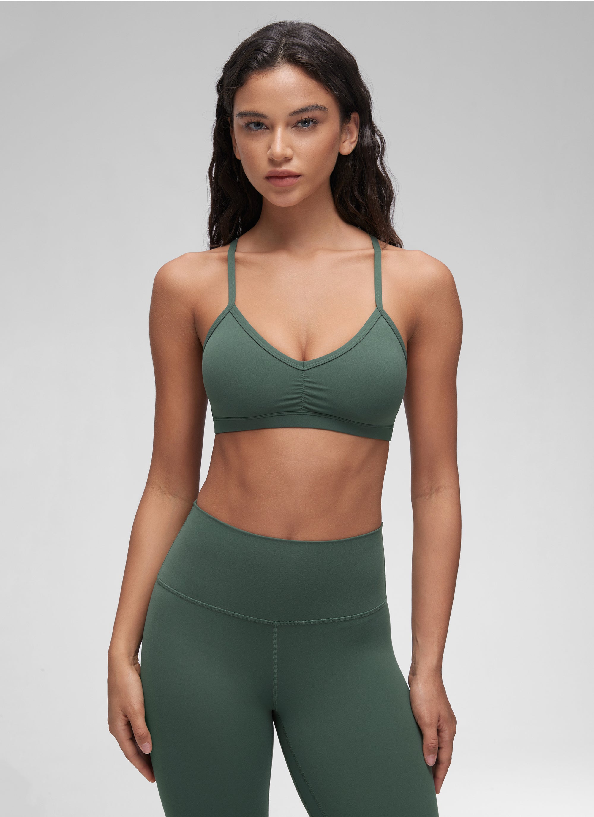 CRZ YOGA Butterluxe Womens Ruched V Neck Yoga Padded Sports Bra Dark Forest Green @model_info:Winma