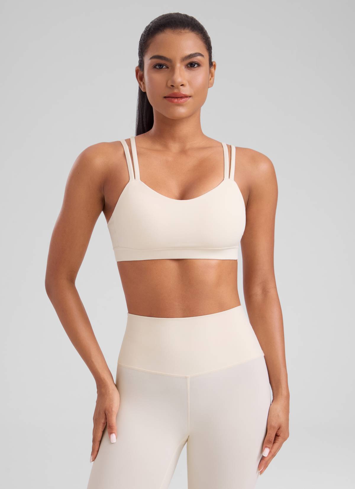 CRZ YOGA Women's Yoga Molded Cup Butterluxe Strappy Bra V Neck White Apricot