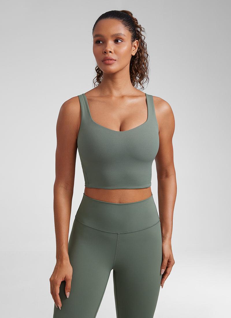 CRZ YOGA Women's Yoga Molded Cup Butterluxe Longline Bra V Neck Grey Sage