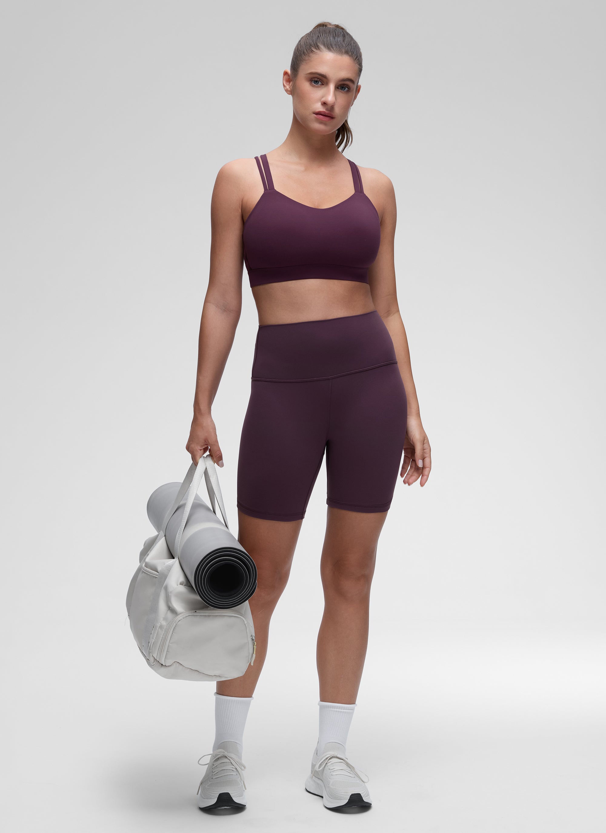 CRZ YOGA Women's Yoga Light Support Double Strap Mold Sport Bra Deep Purple @model_info:Marina