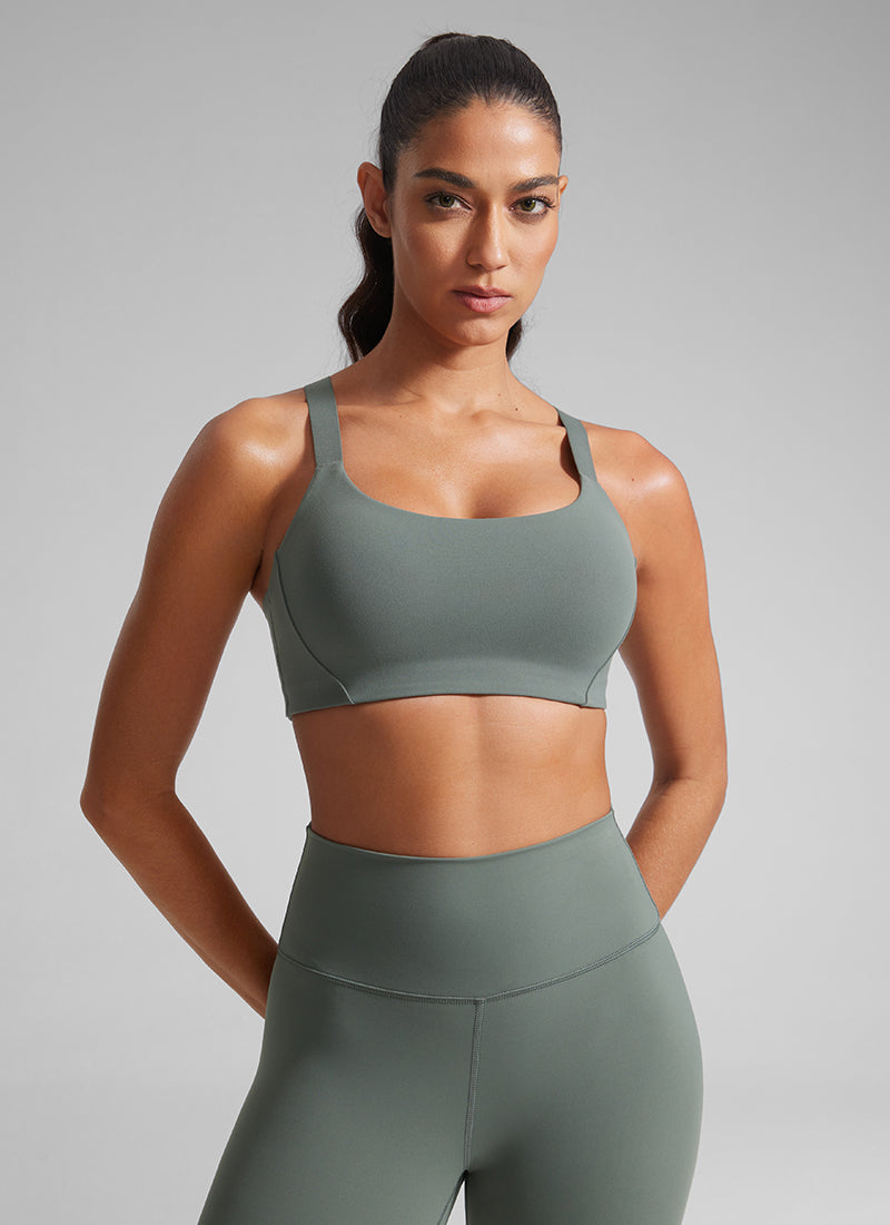 CRZ YOGA Women's Gym Top Butterlift Scoop Neck Bra Adjustable Straps Grey Sage