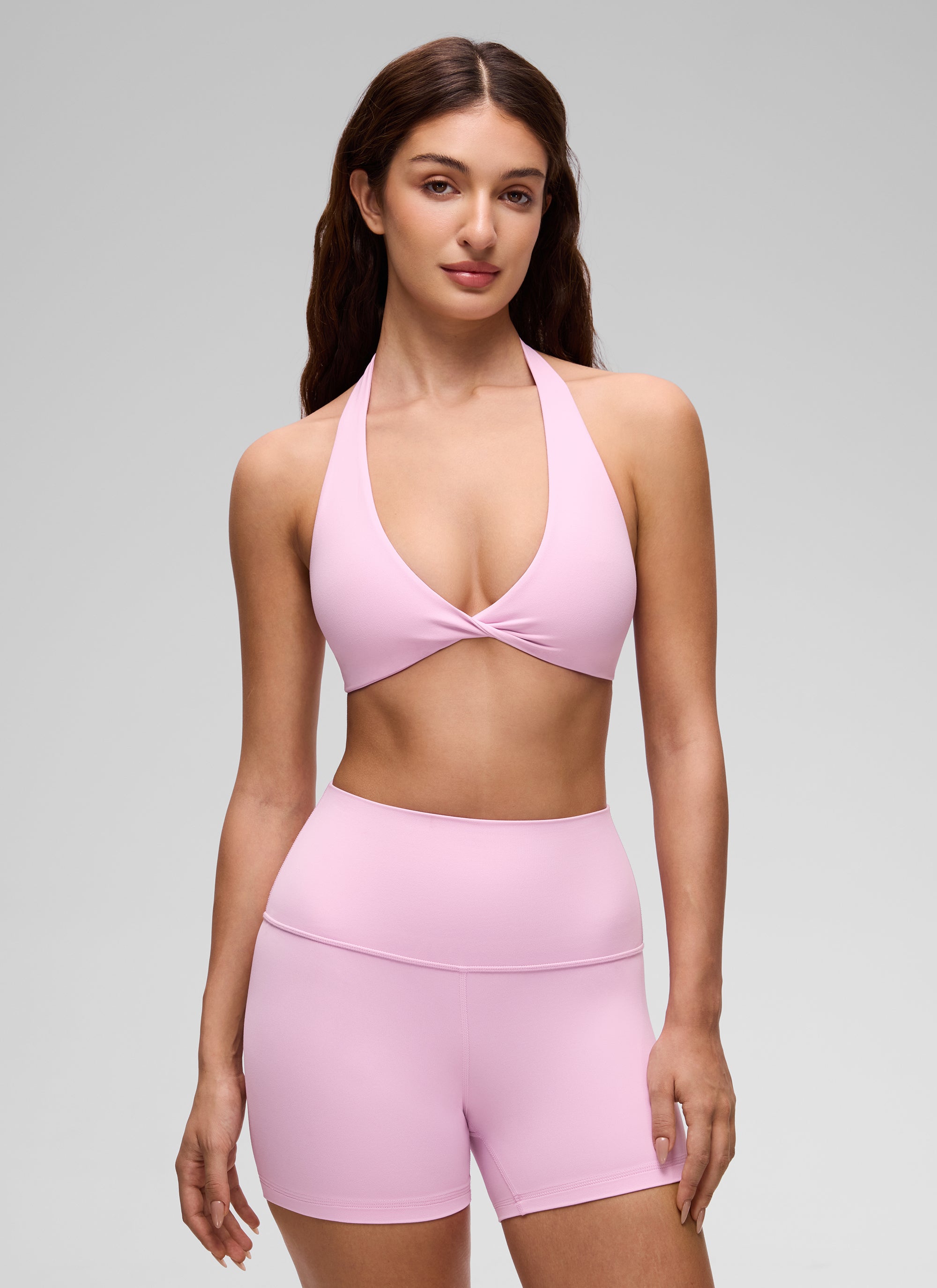 CRZ YOGA Women's Butterluxe Yoga V Neck Crop Double Lined Sports Bra Vita Pink @model_info:Inga