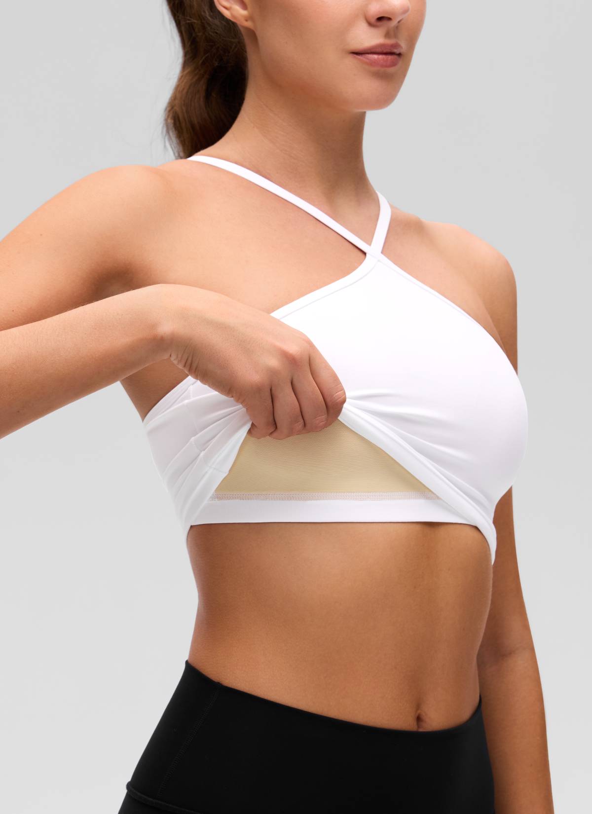 CRZ YOGA Women's Butterluxe Yoga Cross Halter Crop Built in Bra Tank White @model_info:Gelya