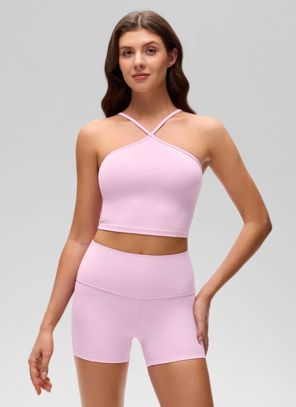 CRZ YOGA Women's Butterluxe Yoga Cross Halter Crop Built in Bra Tank Vita Pink @model_info:Gelya