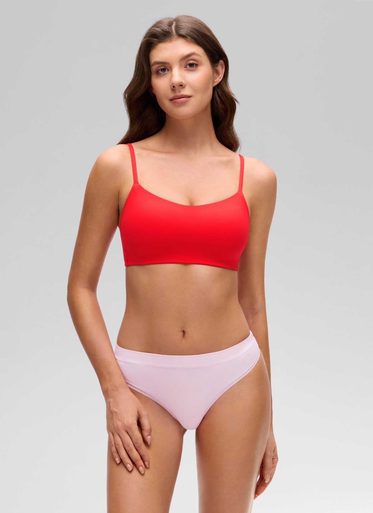 CRZ YOGA Women's Softhold Casual V Neck Mold Spaghetti Strap Bralette Deep Red
