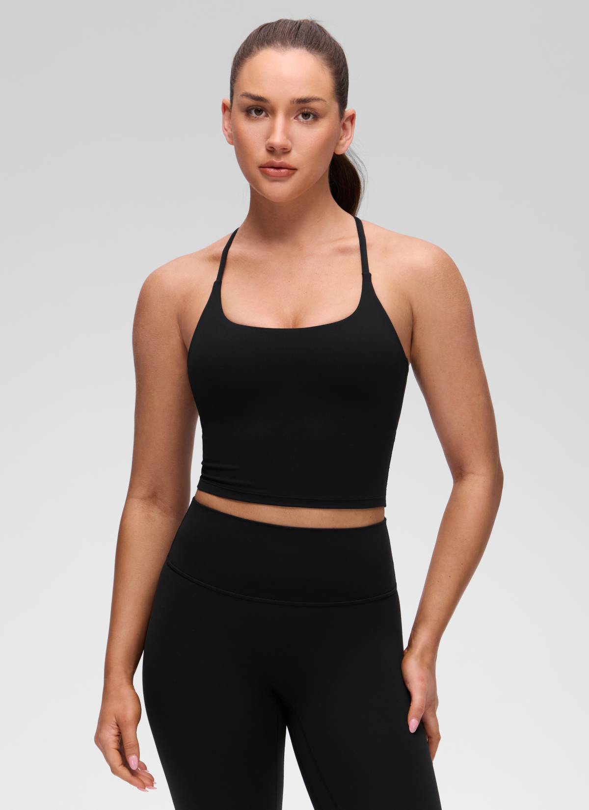 CRZ YOGA Women's Butterluxe U Neck Twist Cross Back Built in Bra Tank Black @model_info:Brooklyn