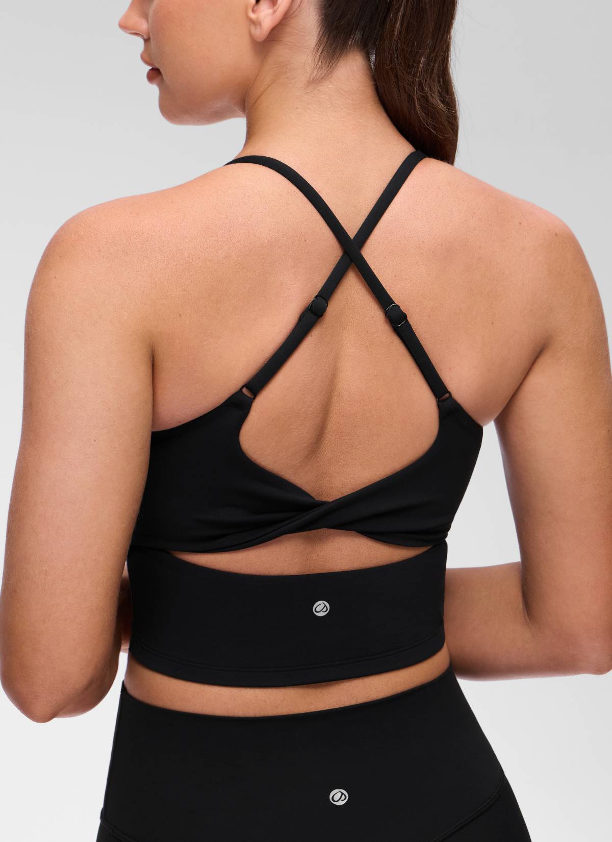 CRZ YOGA Women's Butterluxe U Neck Twist Cross Back Built in Bra Tank Black @model_info:Brooklyn