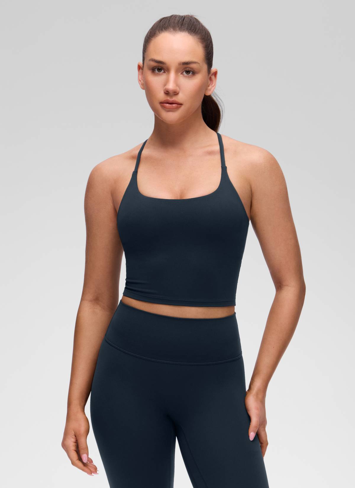CRZ YOGA Women's Butterluxe U Neck Twist Cross Back Built in Bra Tank True Navy @model_info:Brooklyn