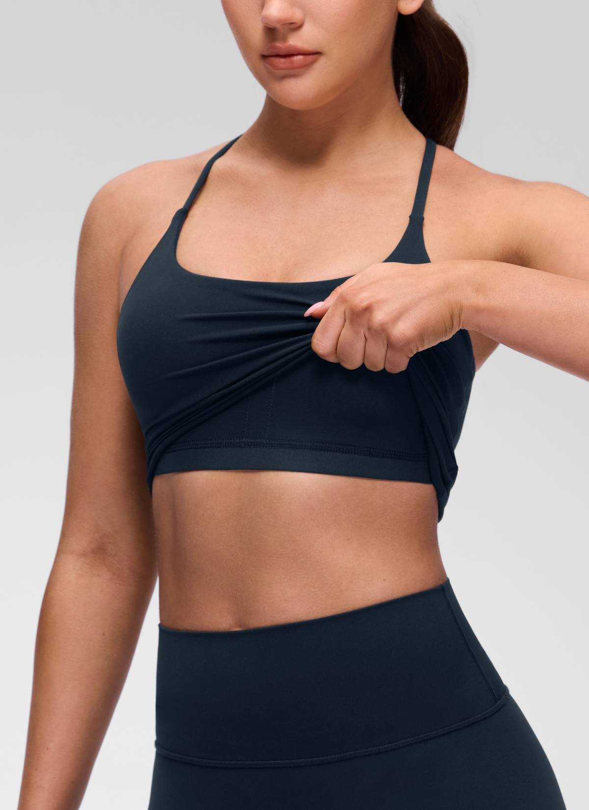 CRZ YOGA Women's Butterluxe U Neck Twist Cross Back Built in Bra Tank True Navy @model_info:Brooklyn
