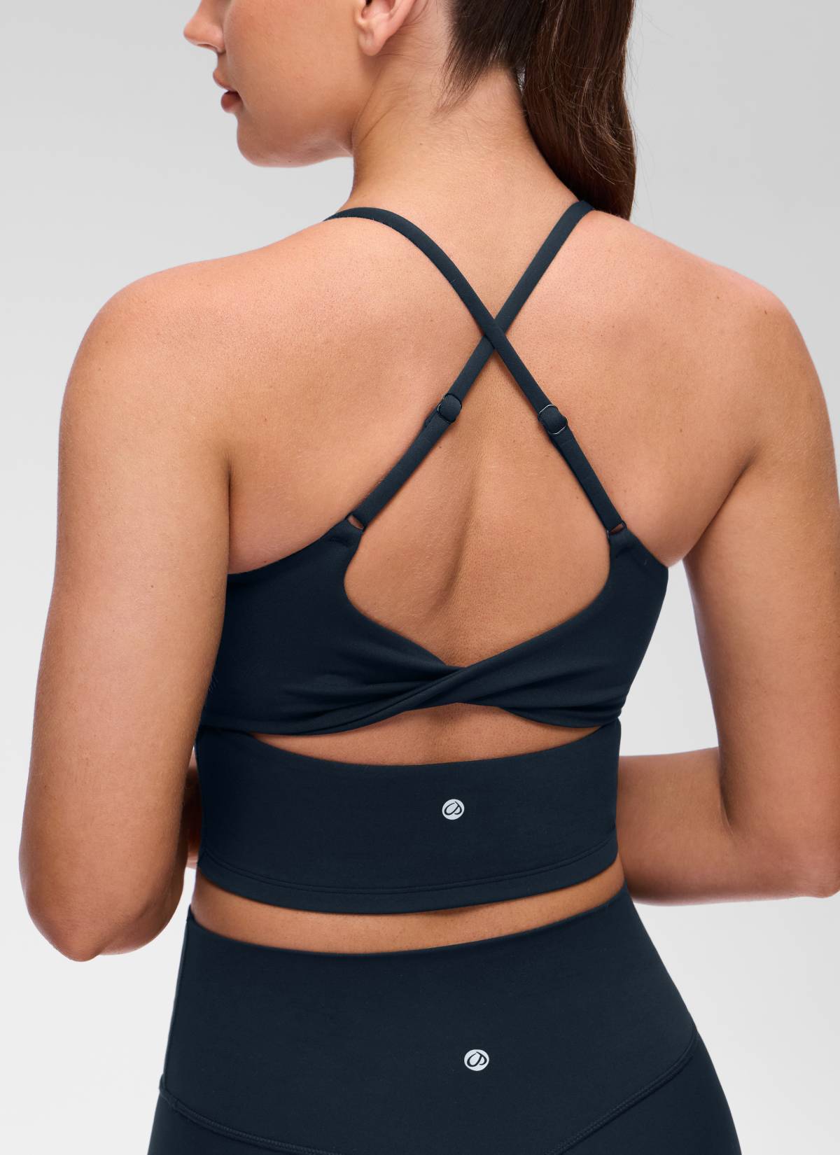 CRZ YOGA Women's Butterluxe U Neck Twist Cross Back Built in Bra Tank True Navy @model_info:Brooklyn