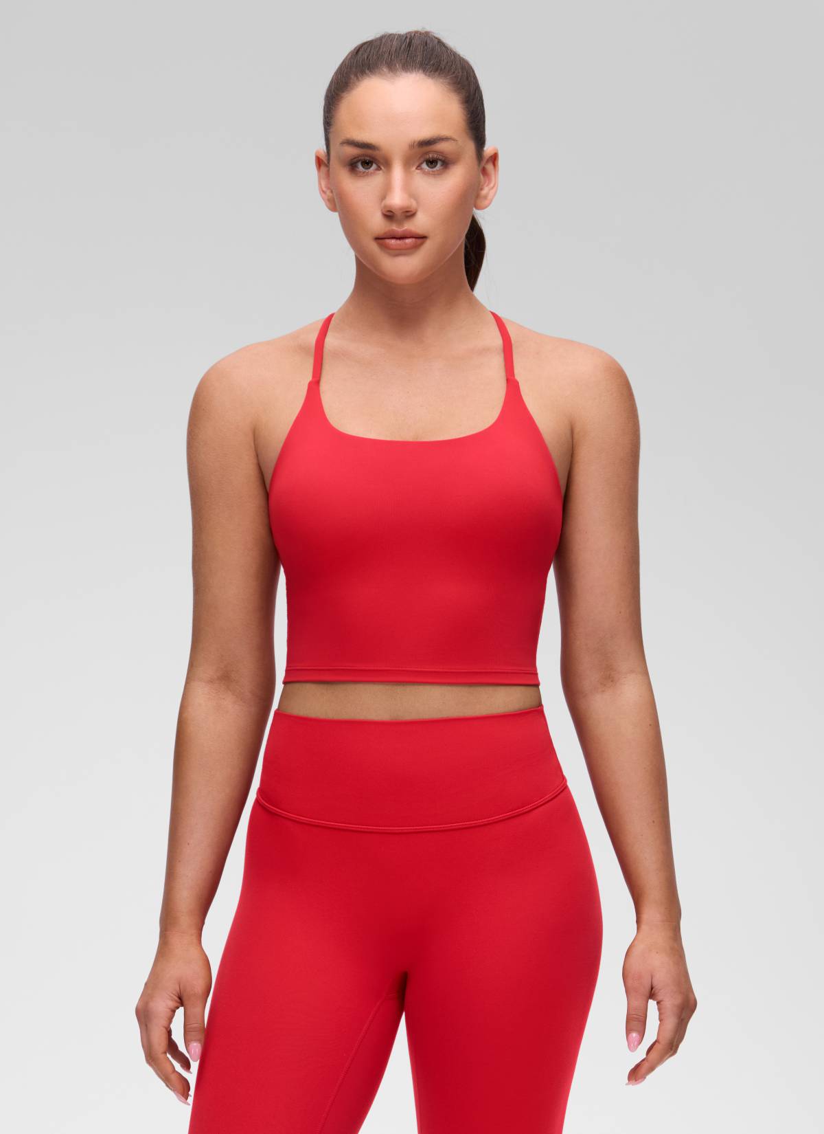 CRZ YOGA Women's Butterluxe U Neck Twist Cross Back Built in Bra Tank Aurora Red @model_info:Brooklyn