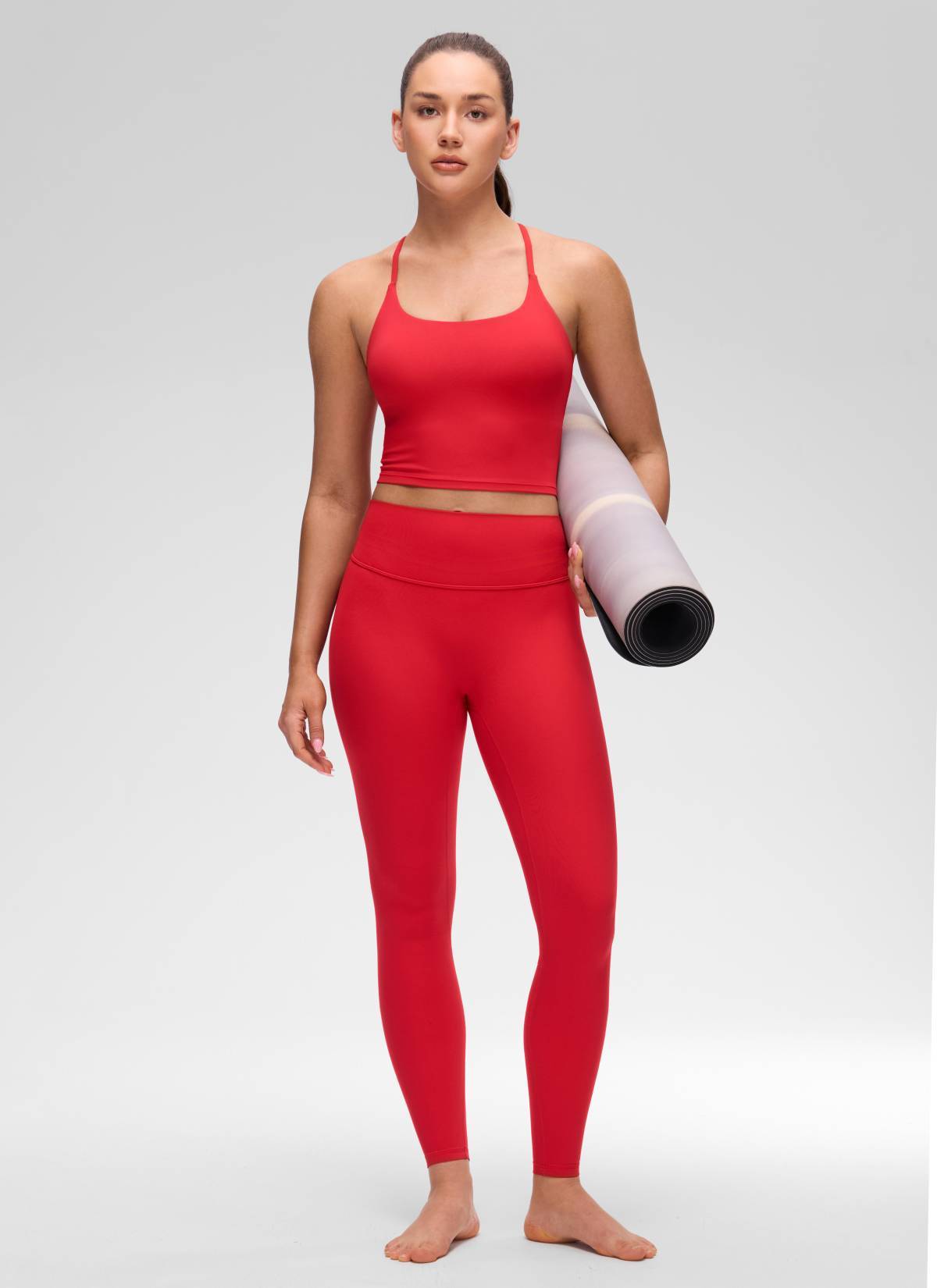 CRZ YOGA Women's Butterluxe U Neck Twist Cross Back Built in Bra Tank Aurora Red @model_info:Brooklyn