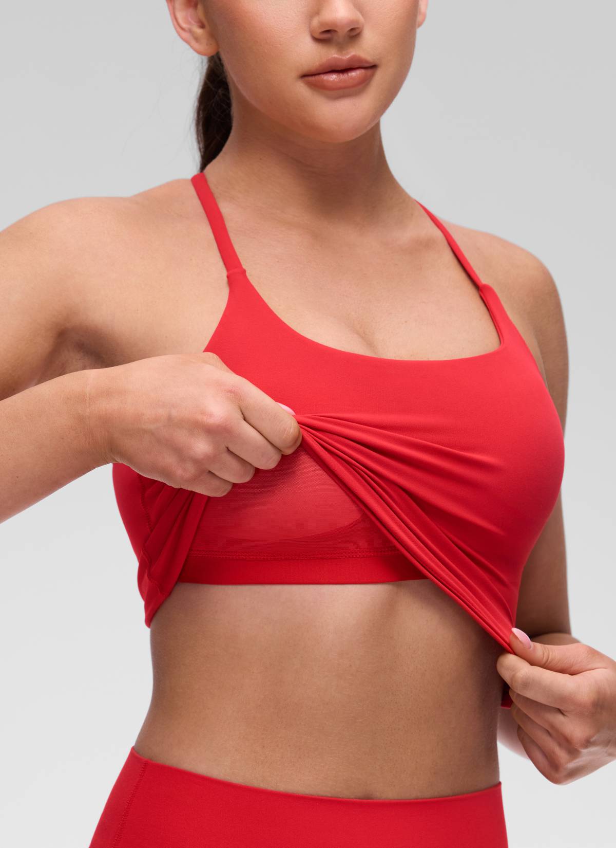 CRZ YOGA Women's Butterluxe U Neck Twist Cross Back Built in Bra Tank Aurora Red @model_info:Brooklyn