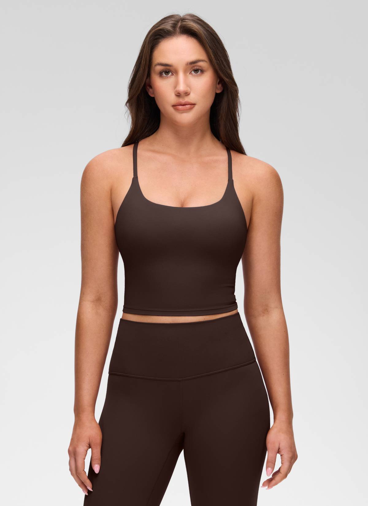 CRZ YOGA Women's Butterluxe U Neck Twist Cross Back Built in Bra Tank Hot Fudge Brown @model_info:Brooklyn