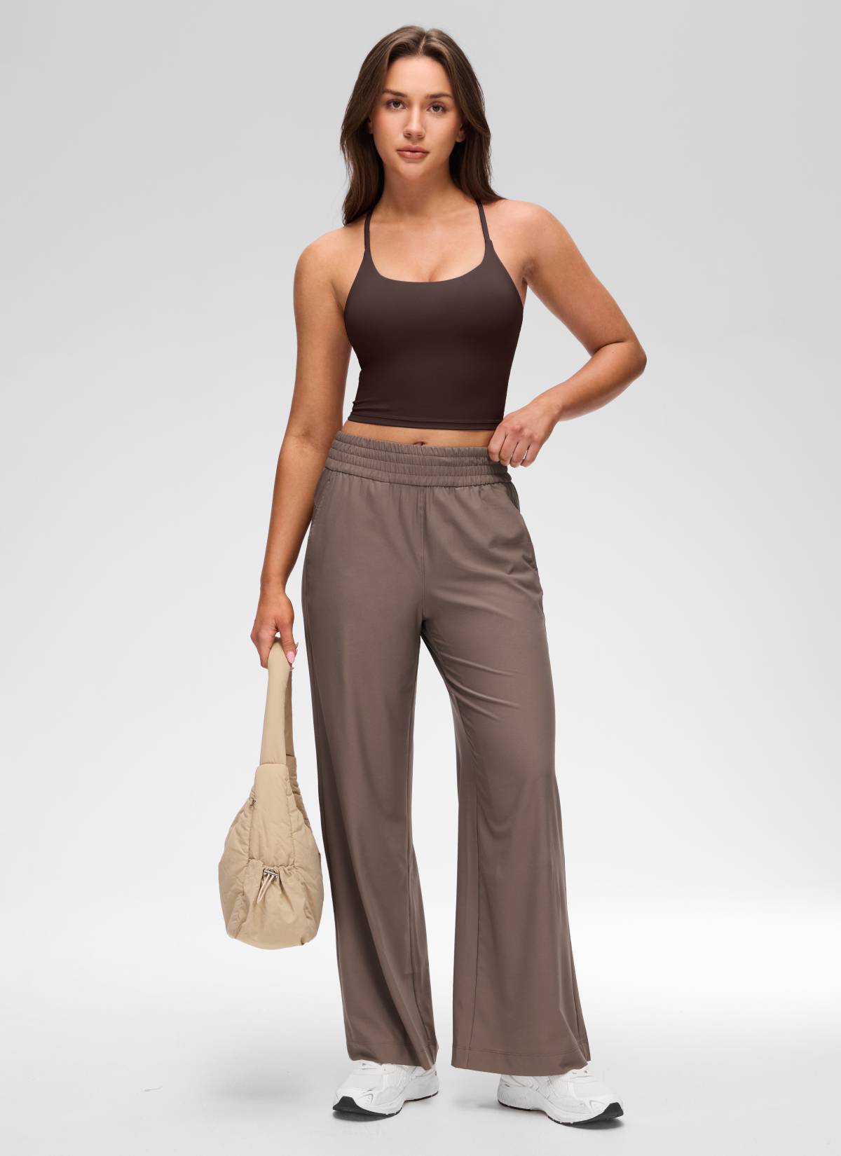 CRZ YOGA Women's Butterluxe U Neck Twist Cross Back Built in Bra Tank Hot Fudge Brown @model_info:Brooklyn
