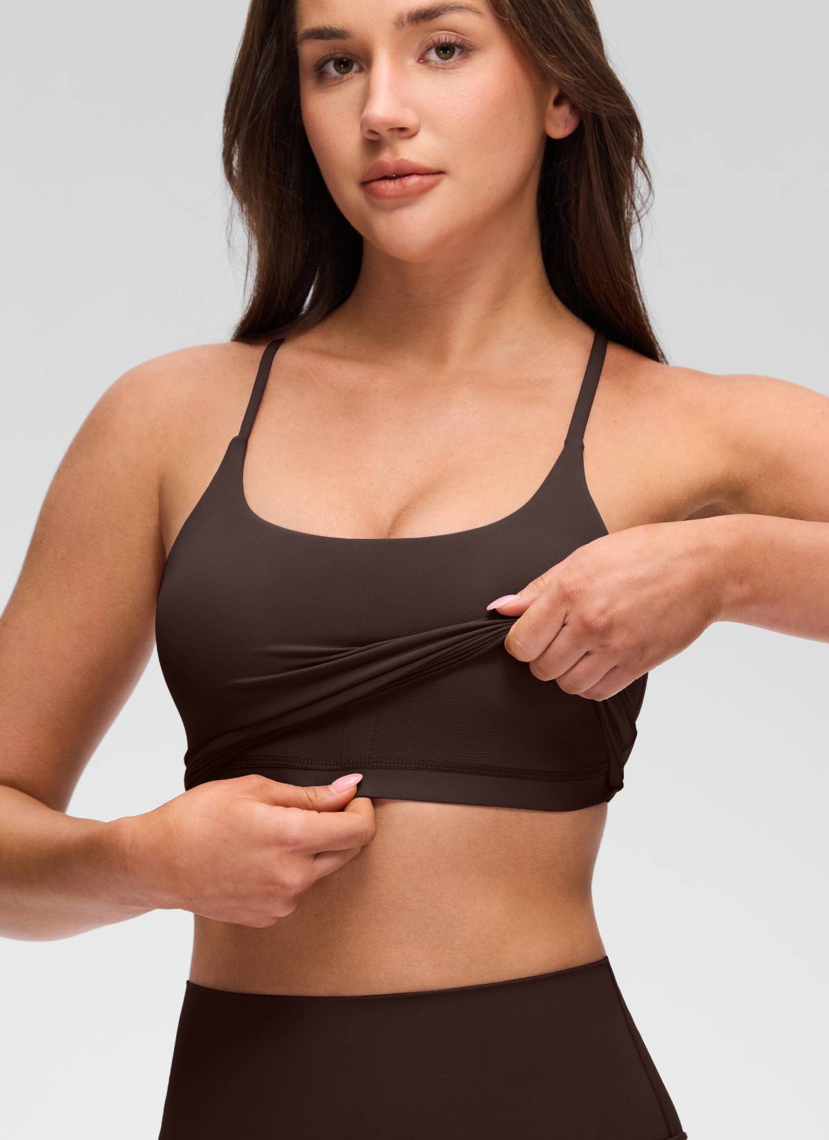 CRZ YOGA Women's Butterluxe U Neck Twist Cross Back Built in Bra Tank Hot Fudge Brown @model_info:Brooklyn