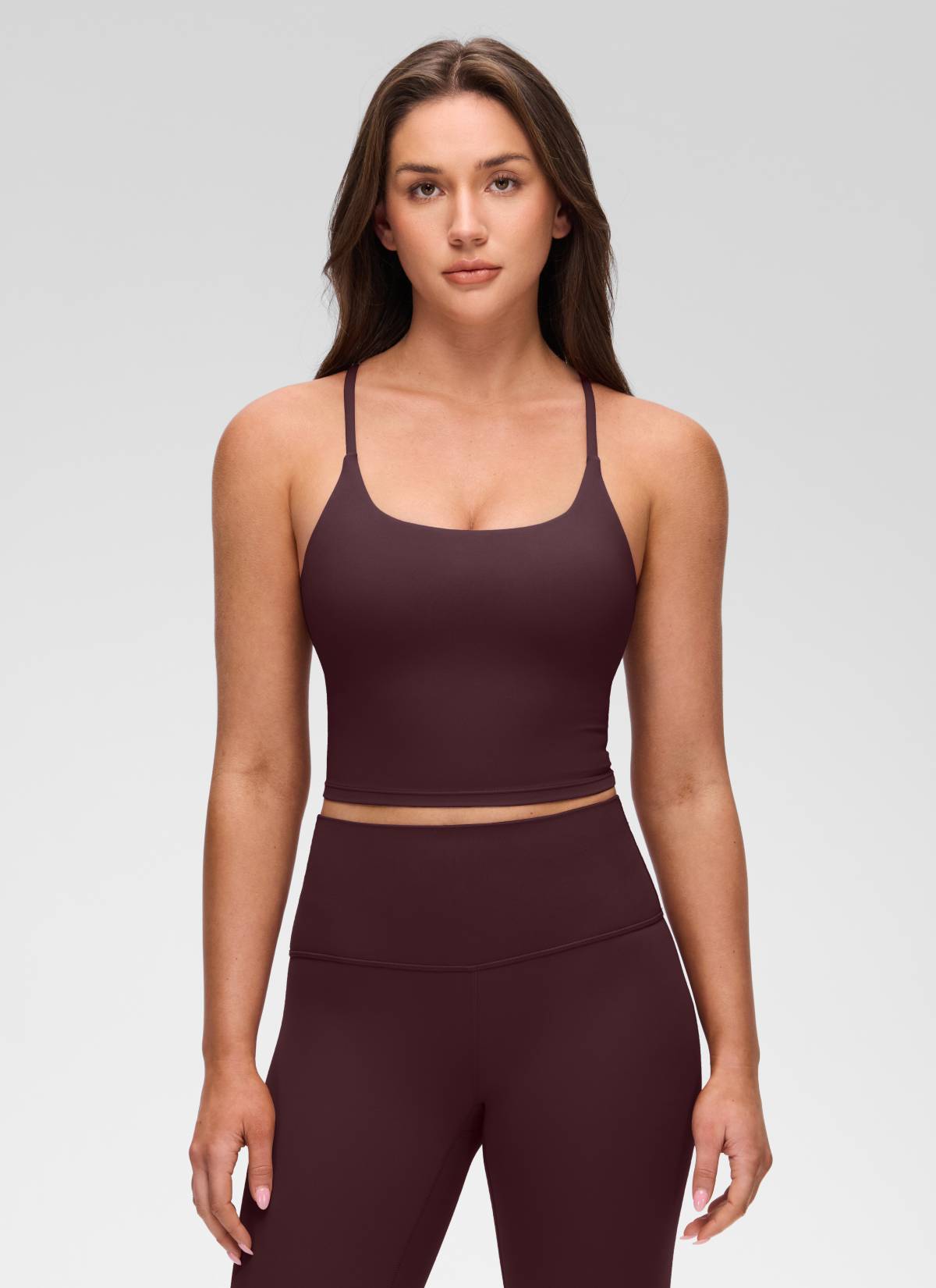 CRZ YOGA Women's Butterluxe U Neck Twist Cross Back Built in Bra Tank Ripe Plum @model_info:Brooklyn