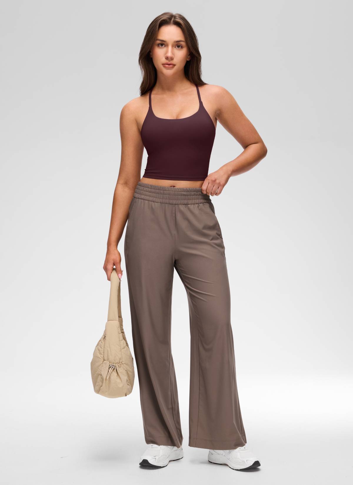 CRZ YOGA Women's Butterluxe U Neck Twist Cross Back Built in Bra Tank Ripe Plum @model_info:Brooklyn