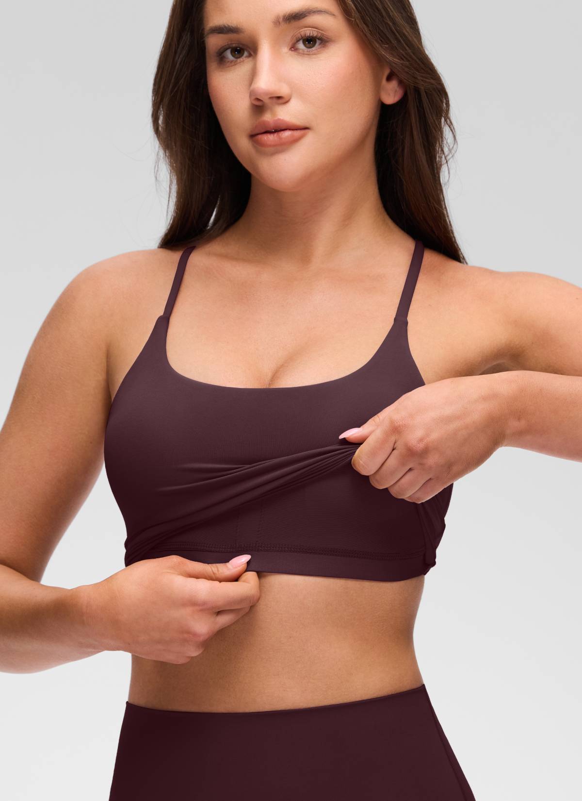 CRZ YOGA Women's Butterluxe U Neck Twist Cross Back Built in Bra Tank Ripe Plum @model_info:Brooklyn