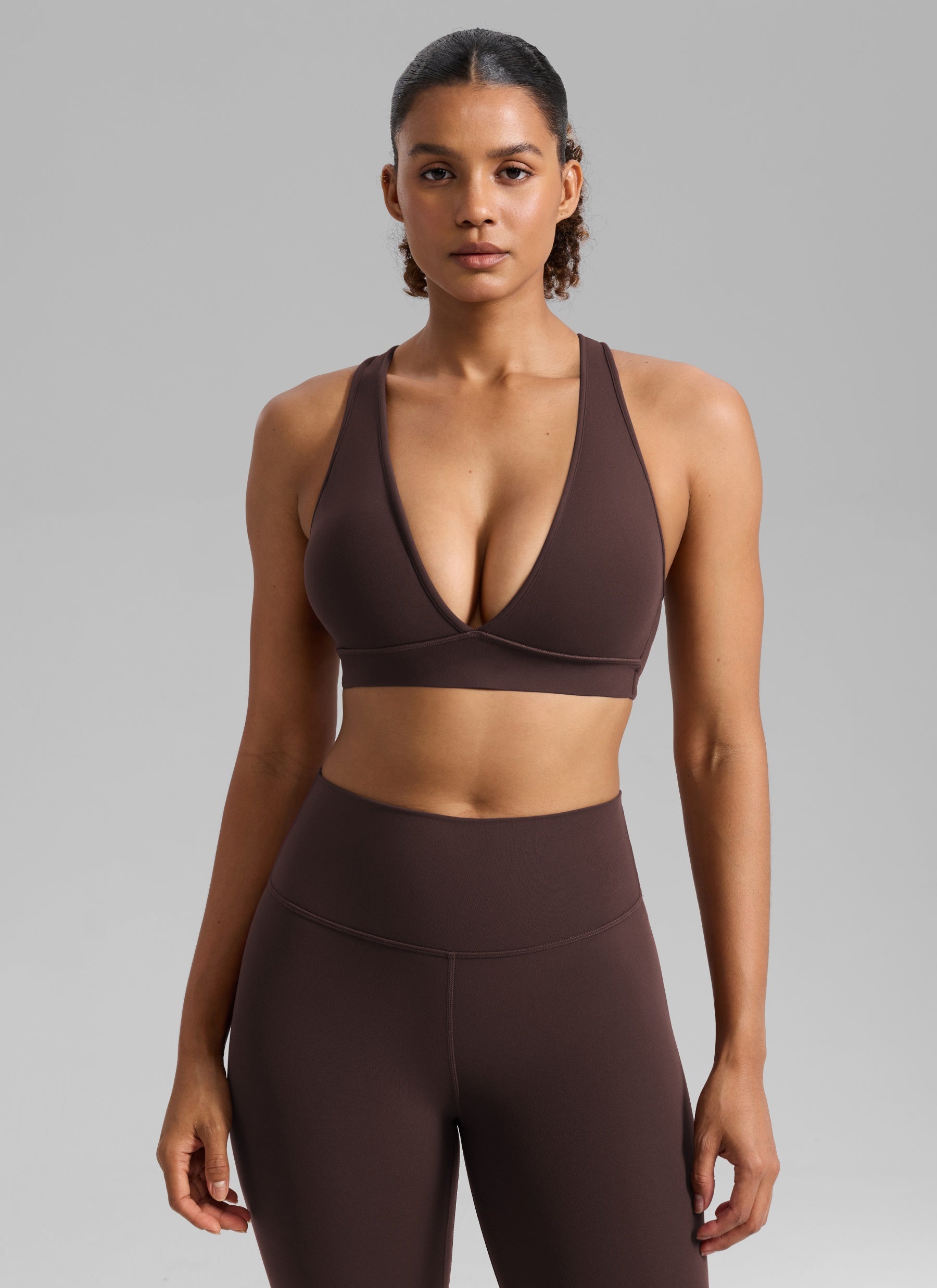 CRZ YOGA Women's Butterlift® Workout Deep V Neck Cross Back Sports Bra Hot Fudge Brown