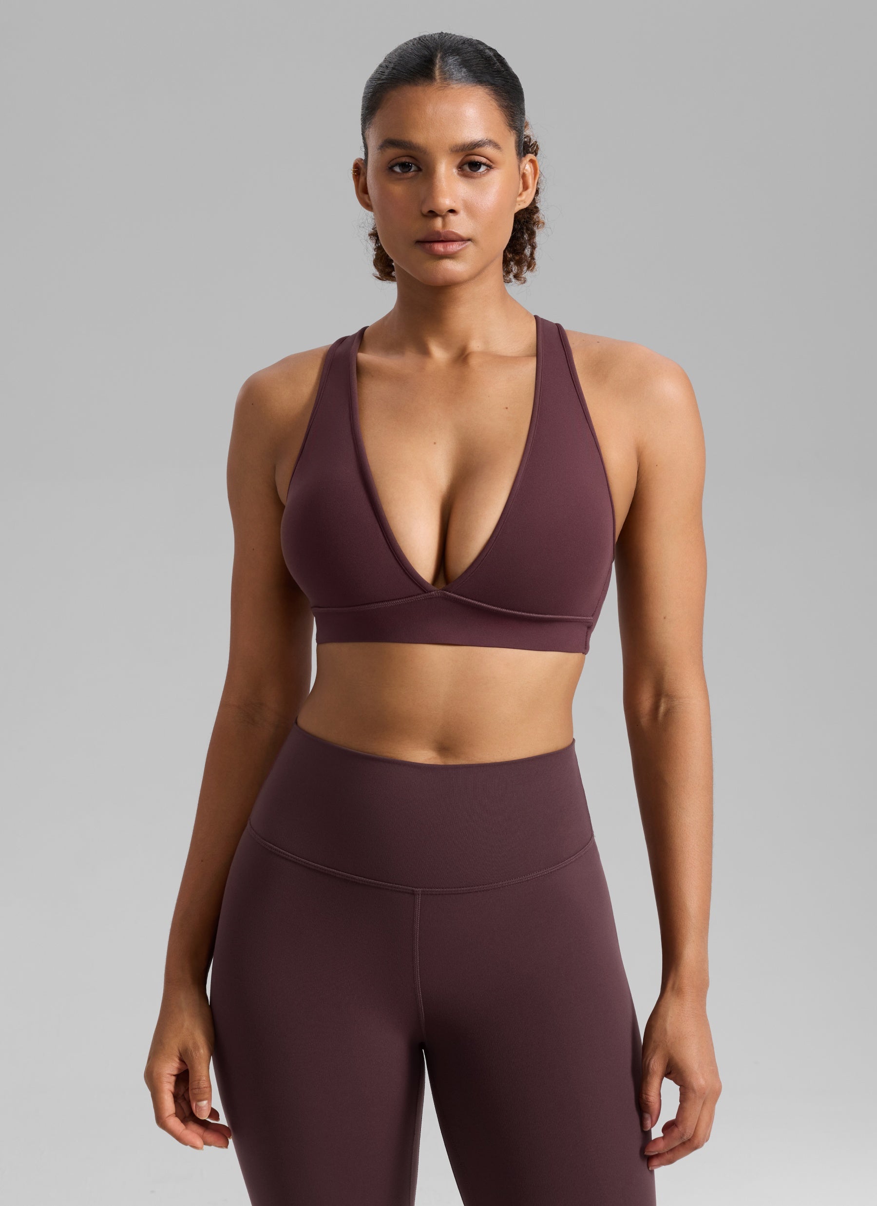 CRZ YOGA Women's Butterlift® Workout Deep V Neck Cross Back Sports Bra Ripe Plum