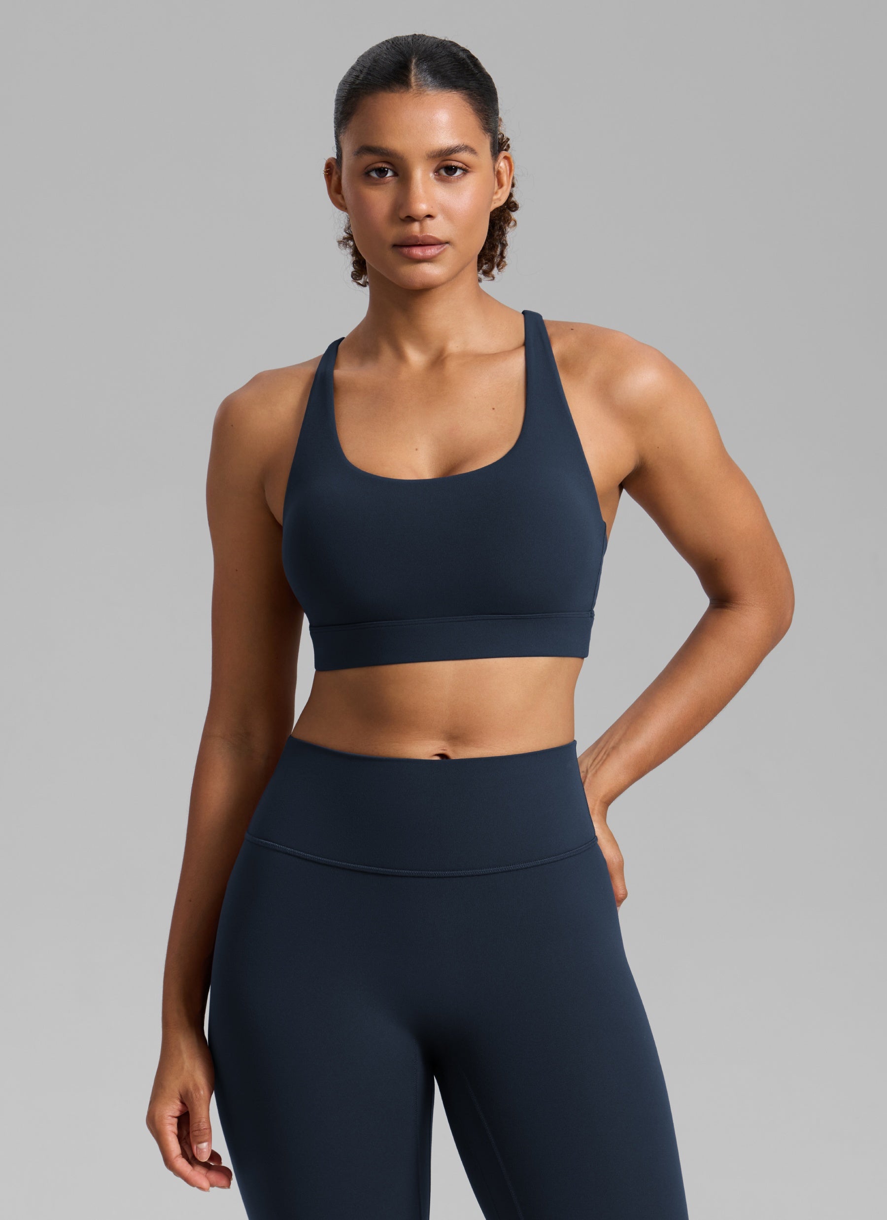 CRZ YOGA Women's Butterlift® Workout Crewneck Cross Back Sports Bra True Navy