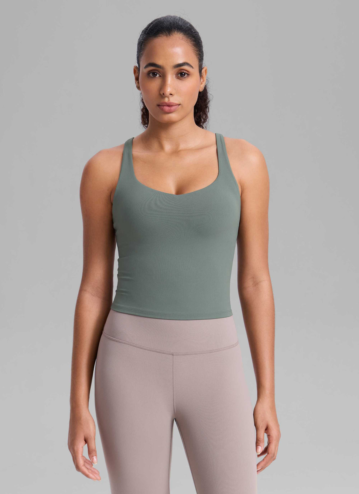 CRZ YOGA Women's Butterlift Workout V Neck Racerback Built in Bra Tank Grey Sage @model_info:Nicole