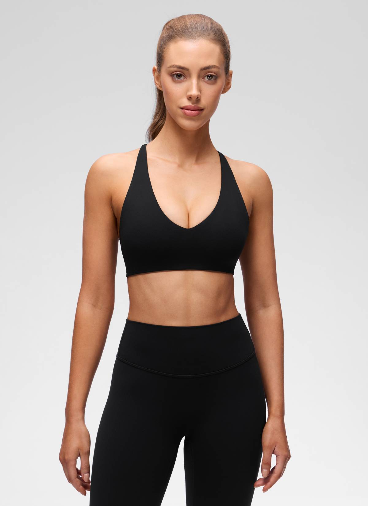 CRZ YOGA Women's Butterluxe Yoga V Neck Twist Cross Back Sports Bra Black @model_info:Lary