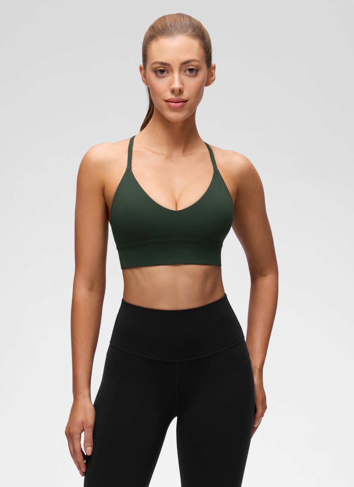 CRZ YOGA Women's Butterluxe Yoga V Neck Cross Back Longline Sports Bra Legend Green @model_info:Lary