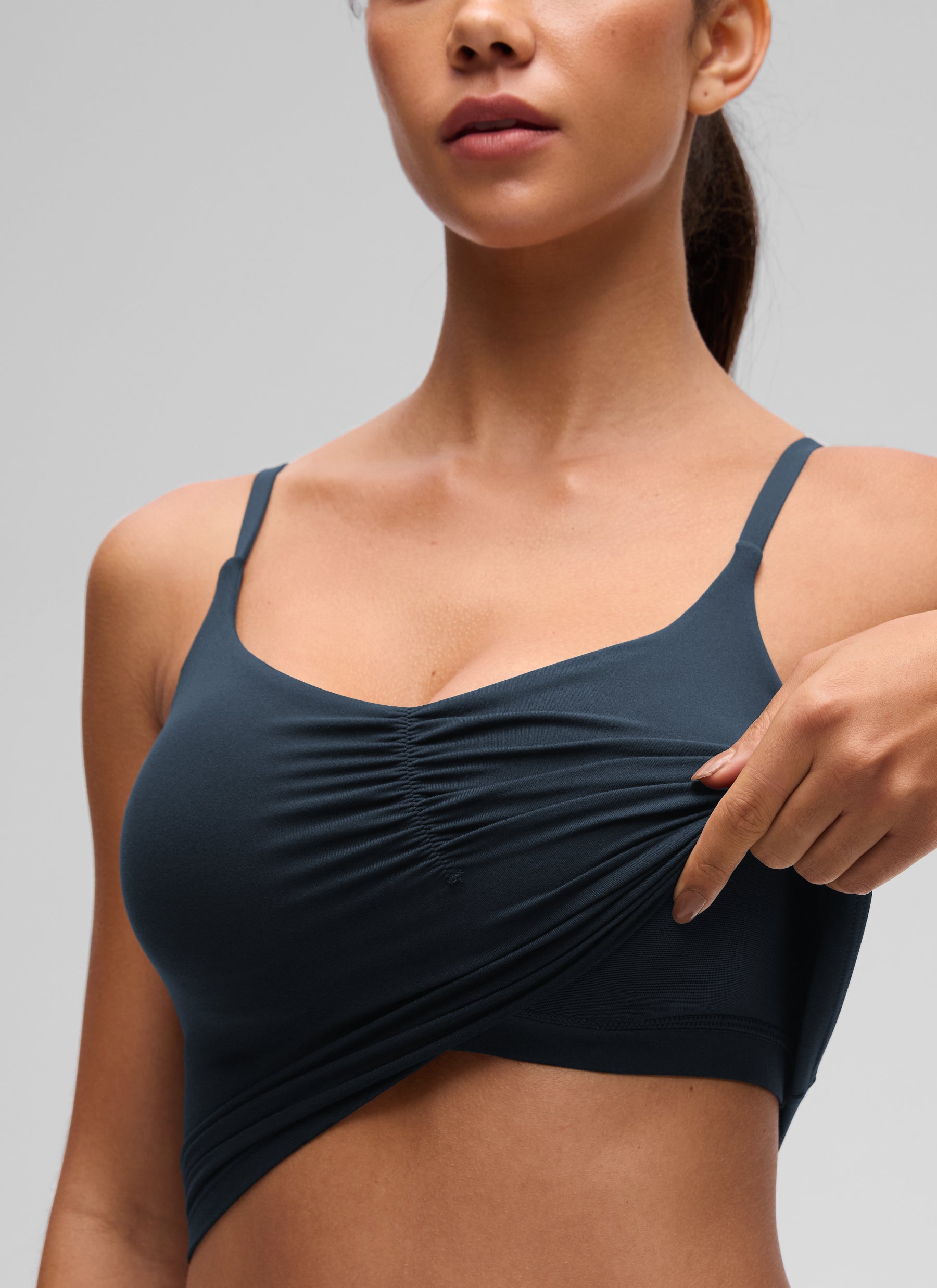 CRZ YOGA Women's Butterluxe Yoga Ruched V Neck U Back Crop Padded Tank True Navy