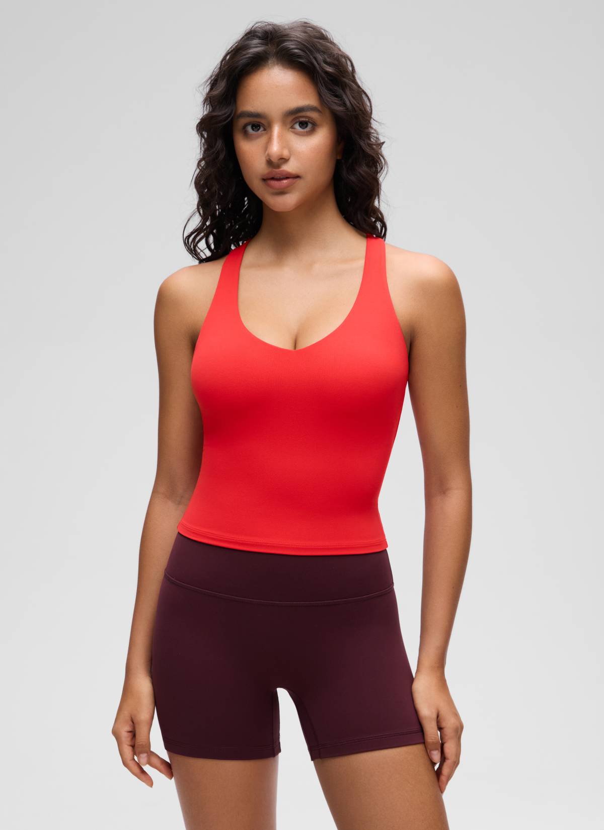 CRZ YOGA Women's Butterluxe Yoga V Neck RacerBack Built in Bra Tank Deep Red @model_info:Liss