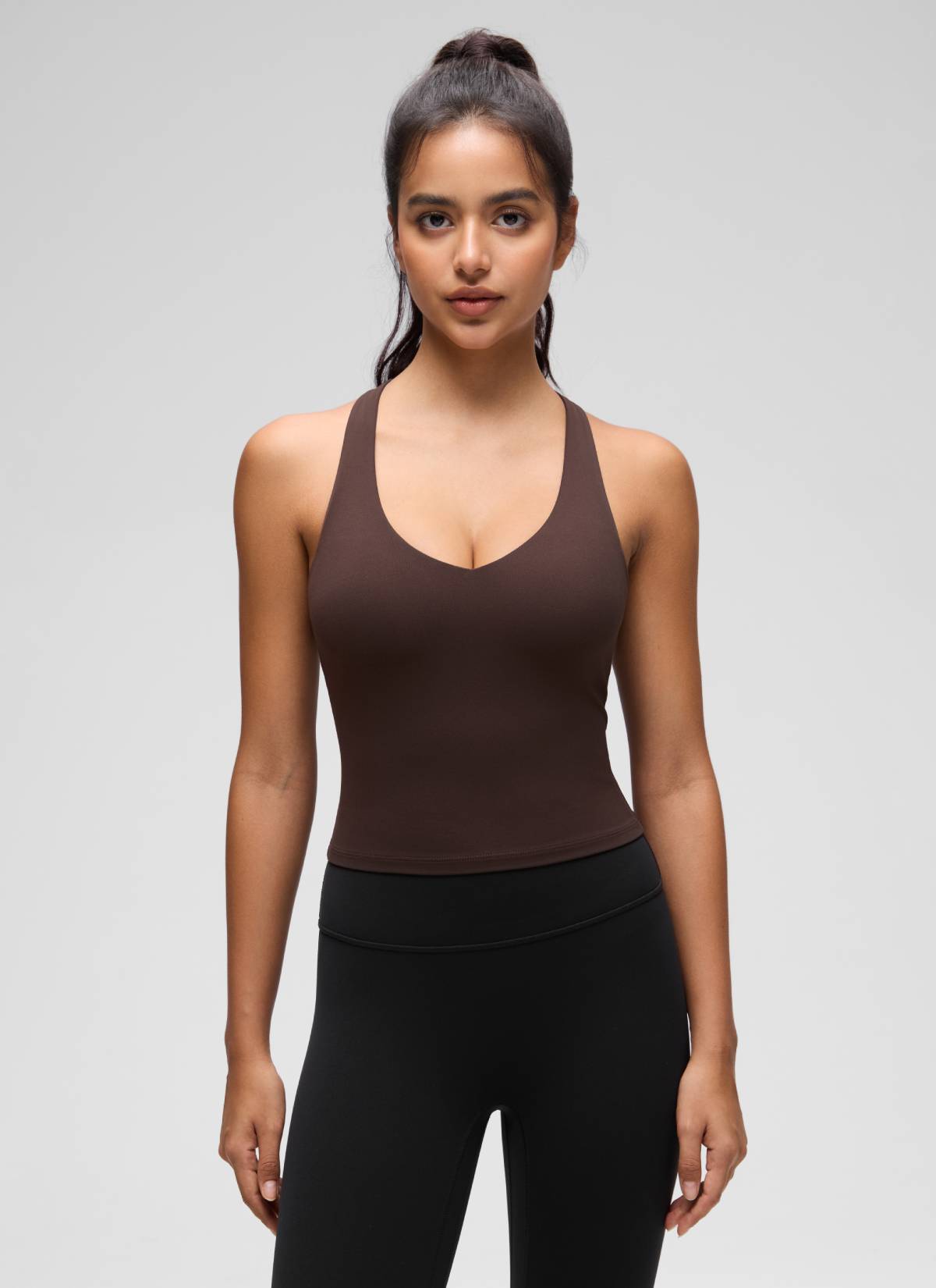 CRZ YOGA Women's Butterluxe Yoga V Neck RacerBack Built in Bra Tank Hot Fudge Brown