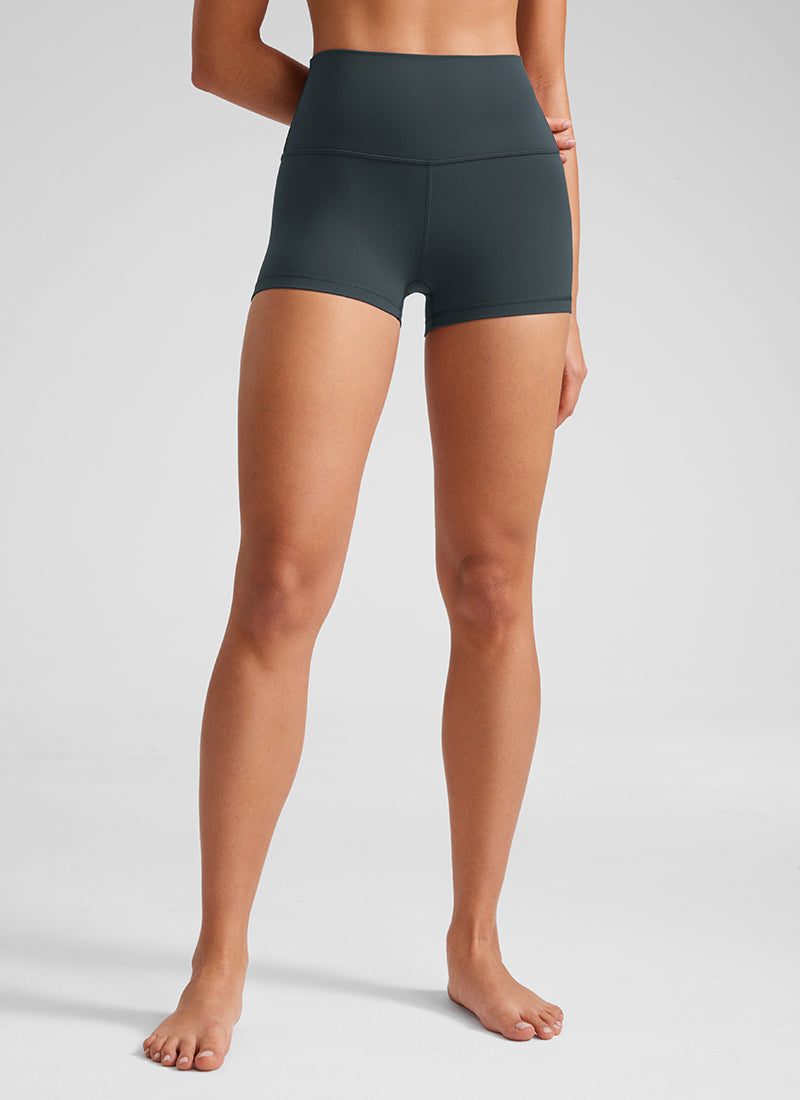CRZ YOGA Women's Yoga High Rise Booty Butterluxe Biker Shorts 2.5'' Dark Green @model_info:Fiona