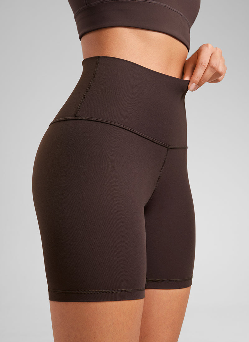 CRZ YOGA Women's Yoga High Rise Biker Shorts Butterluxe Shorts 6'' Hot Fudge Brown @model_info:Fiona