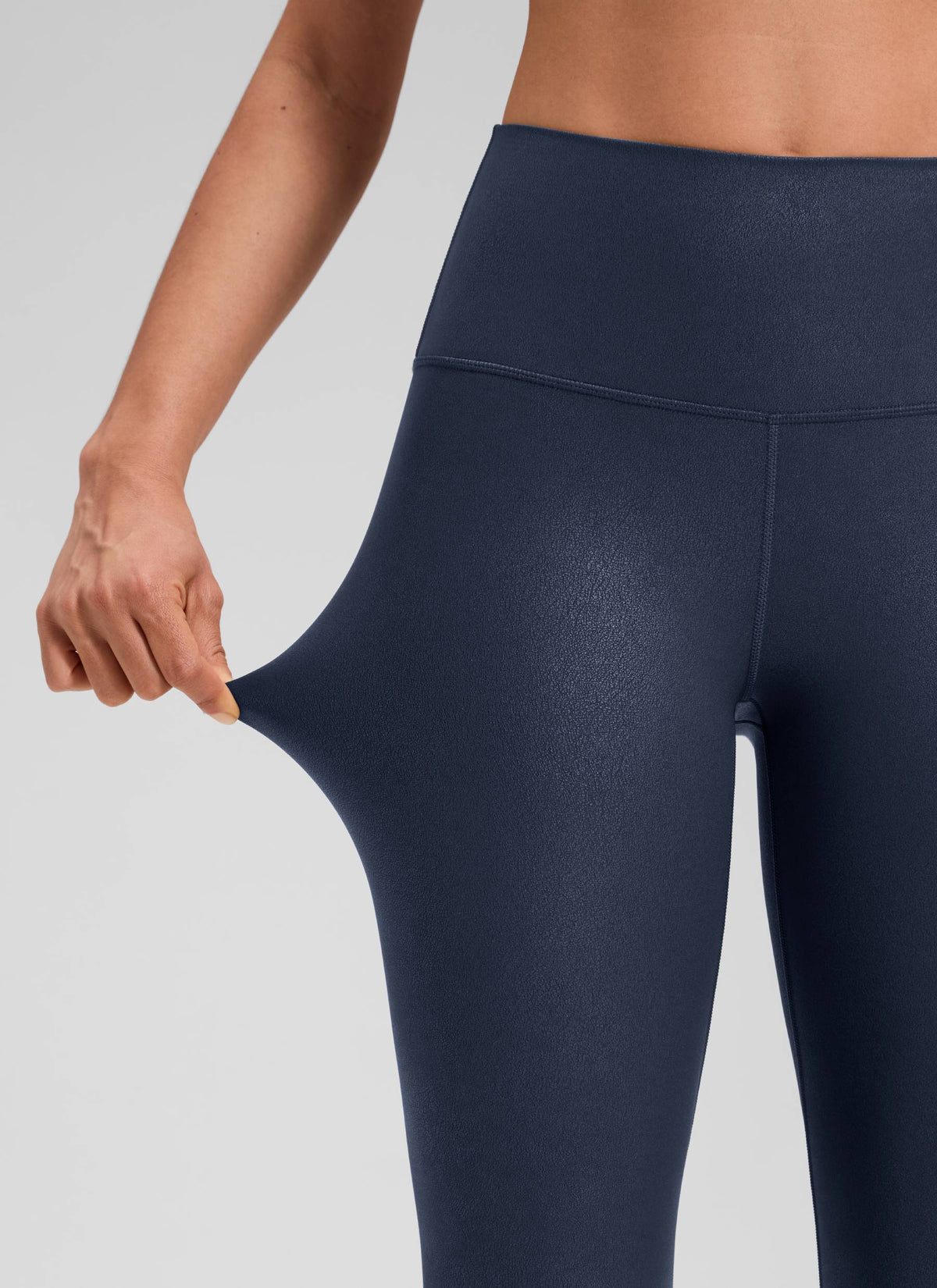 CRZ YOGA Women Butterluxe Matte Faux Leather Leggings 28' Real Navy Foil Pattern @model_info:Larissa