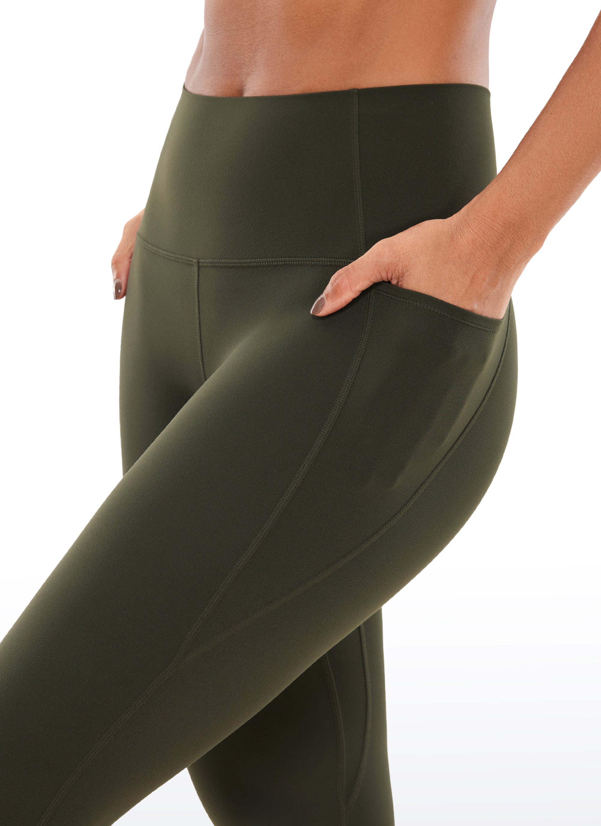 CRZ YOGA – טייץ קפרי לנשים עם כיסים ומותניים גבוהים מדגם " Butterluxe ", אורך 19 אינץ', בצבע ירוק זית