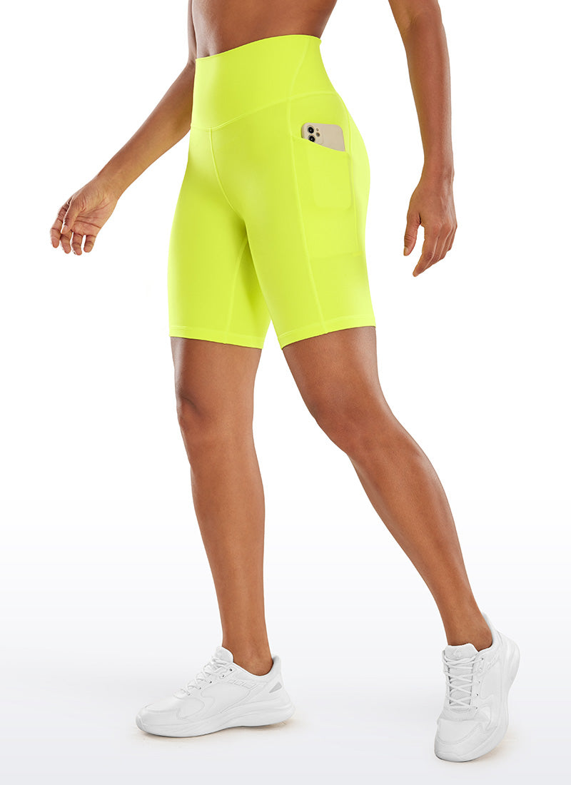 CRZ YOGA Women's Yoga High Rise Biker Butterluxe Pockets Shorts 8'' Neon Yellow