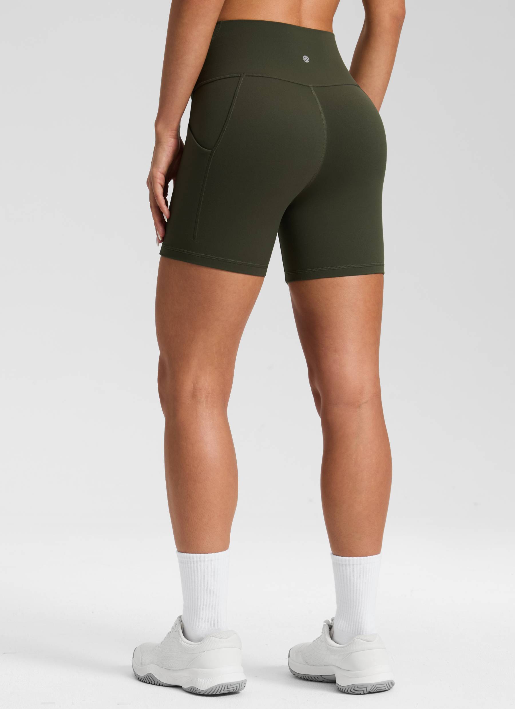 CRZ YOGA Women's Yoga High Rise Biker Butterluxe Pockets Shorts 5'' Olive Green