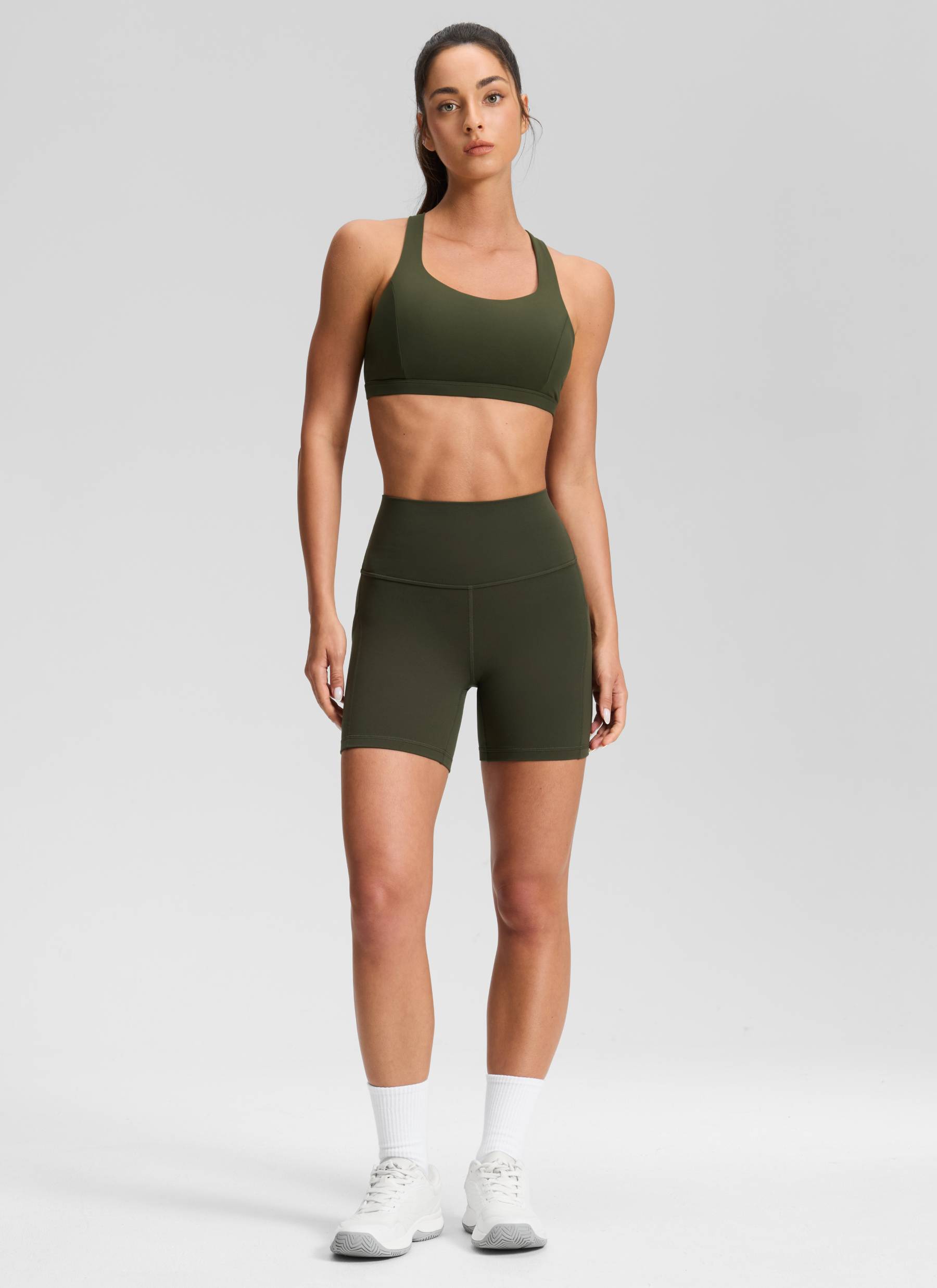 CRZ YOGA Women's Yoga High Rise Biker Butterluxe Pockets Shorts 5'' Olive Green